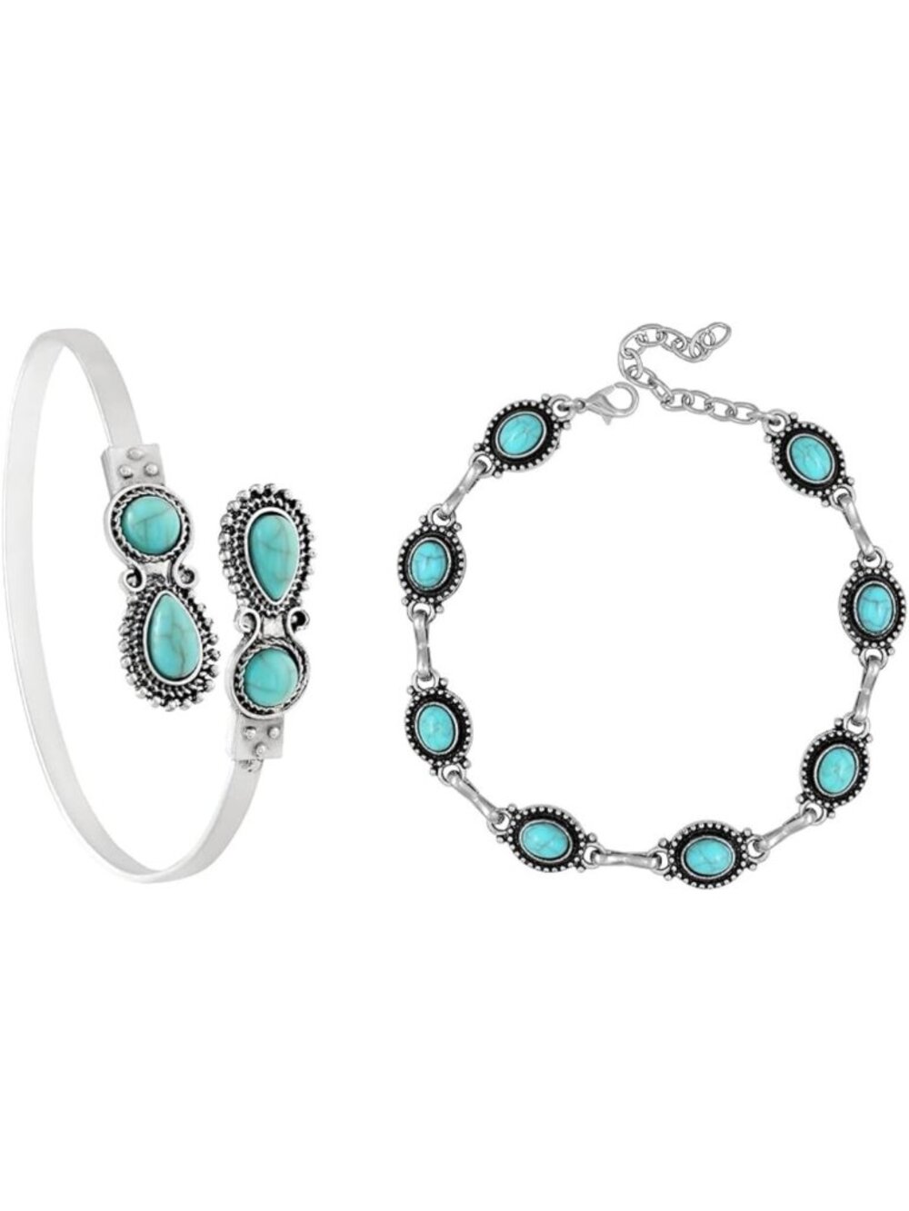 Turquoise Stone Bangle & Anklet Set, Silver-Overlay Cuff & Adjustable Jewelry
